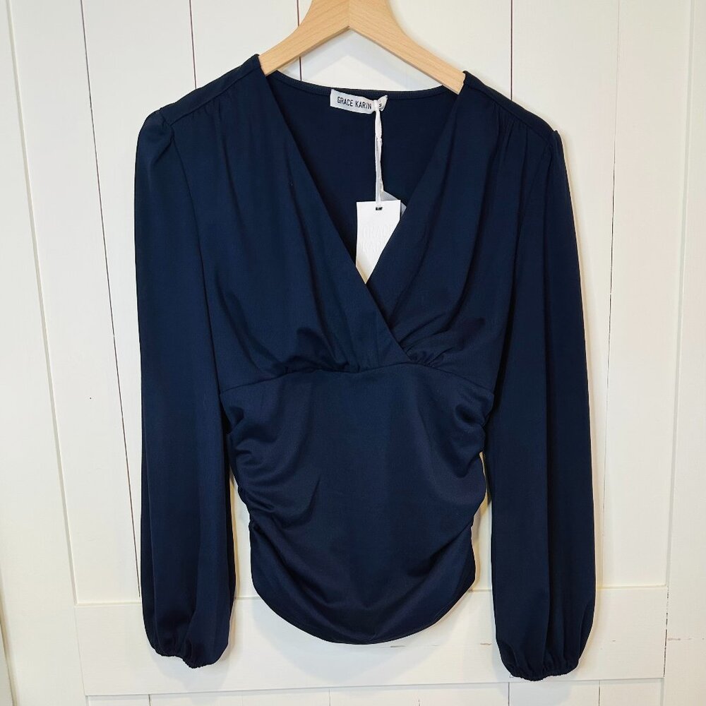 ✨NWT  Grace Karin Navy Wrap Blouse | Ruched Waist | Long Sleeve | Size M ✨